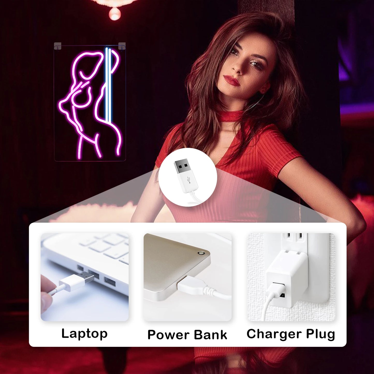Sexiga Tjejer 5V USB LED Ljusskylt - Plånboksvänlig