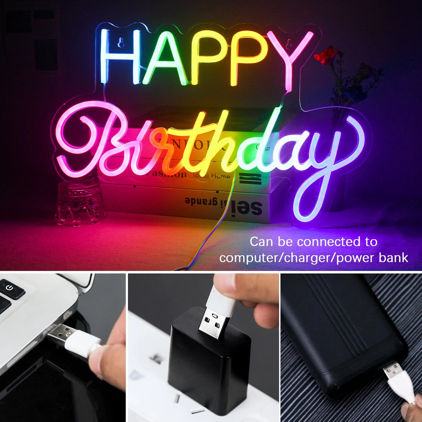 LED Happy Birthday Färg 5V USB LED Ljusskylt - Prisvärd