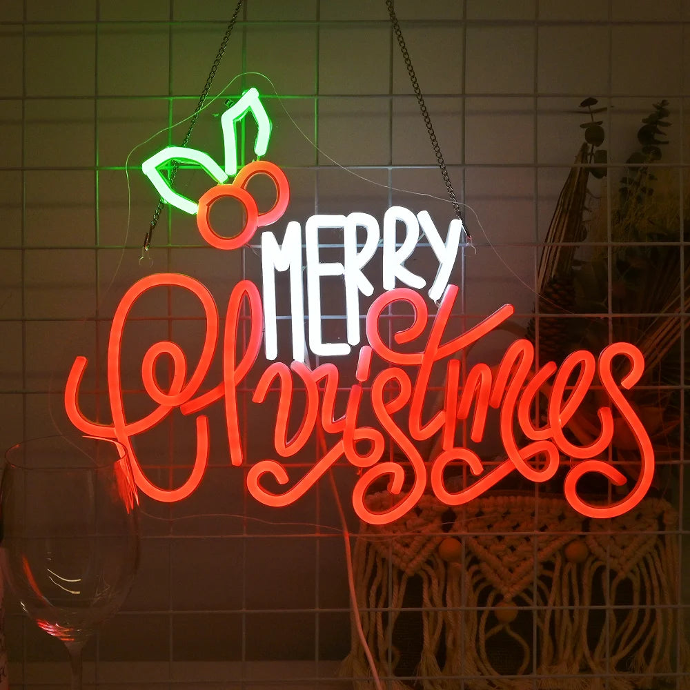 Bilden har en levande och festlig LED-neonskylt "Merry Christmas".