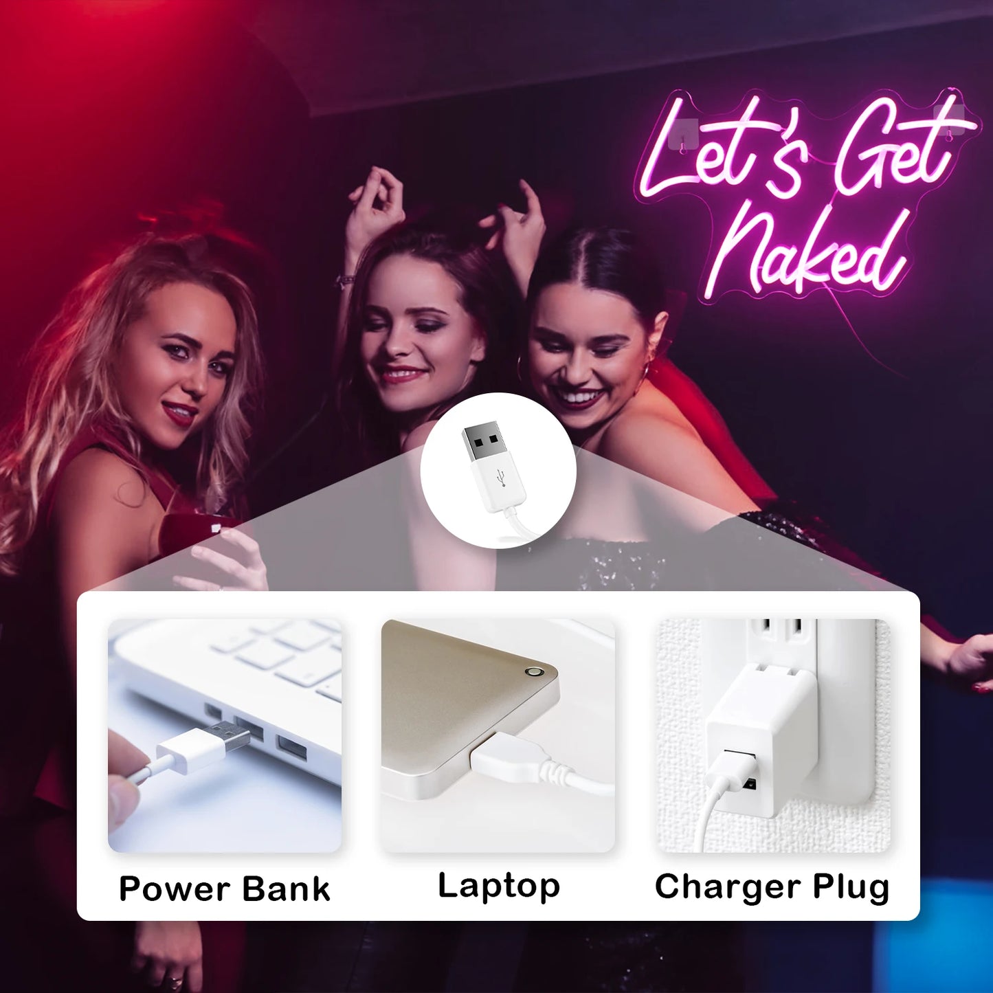 Let's Get Naked 5V USB LED Ljusskylt - Prisvänlig