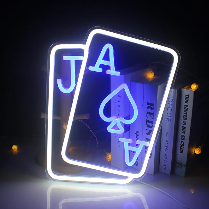 Bilden visar en levande poker LED neonskylt, handgjord med precision.