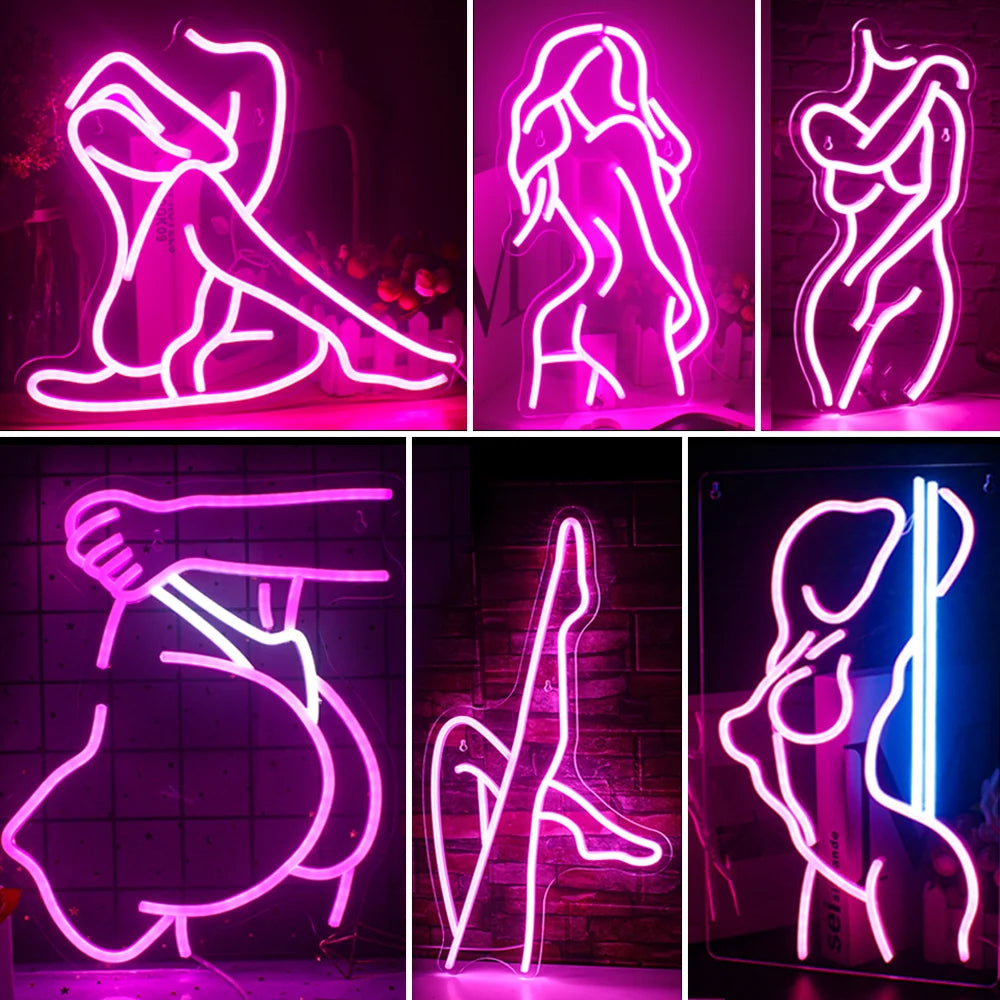 På bilden visar en levande LED-neonskylt silhuetten av en sexig dam.