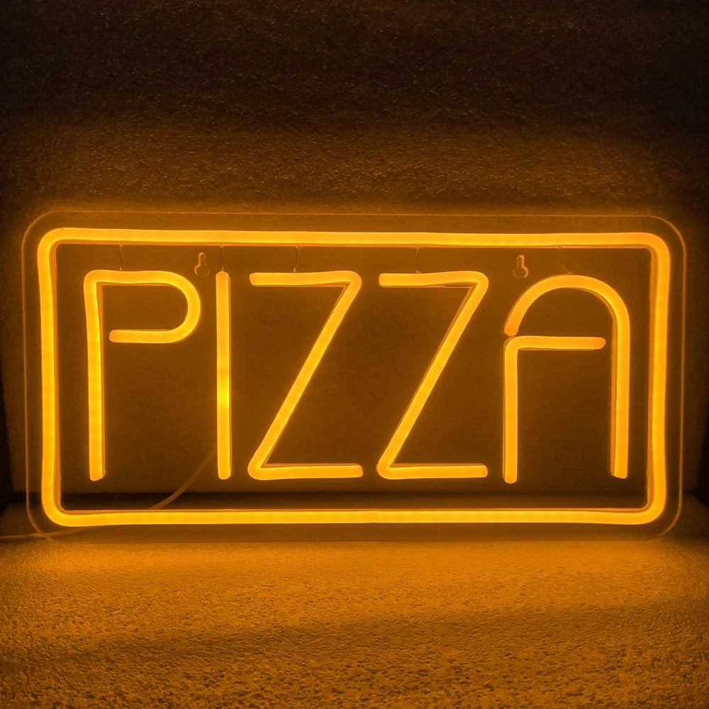 En livlig LED-neonskylt som visar ordet "PIZZA" med feta, klarröda bokstäver.