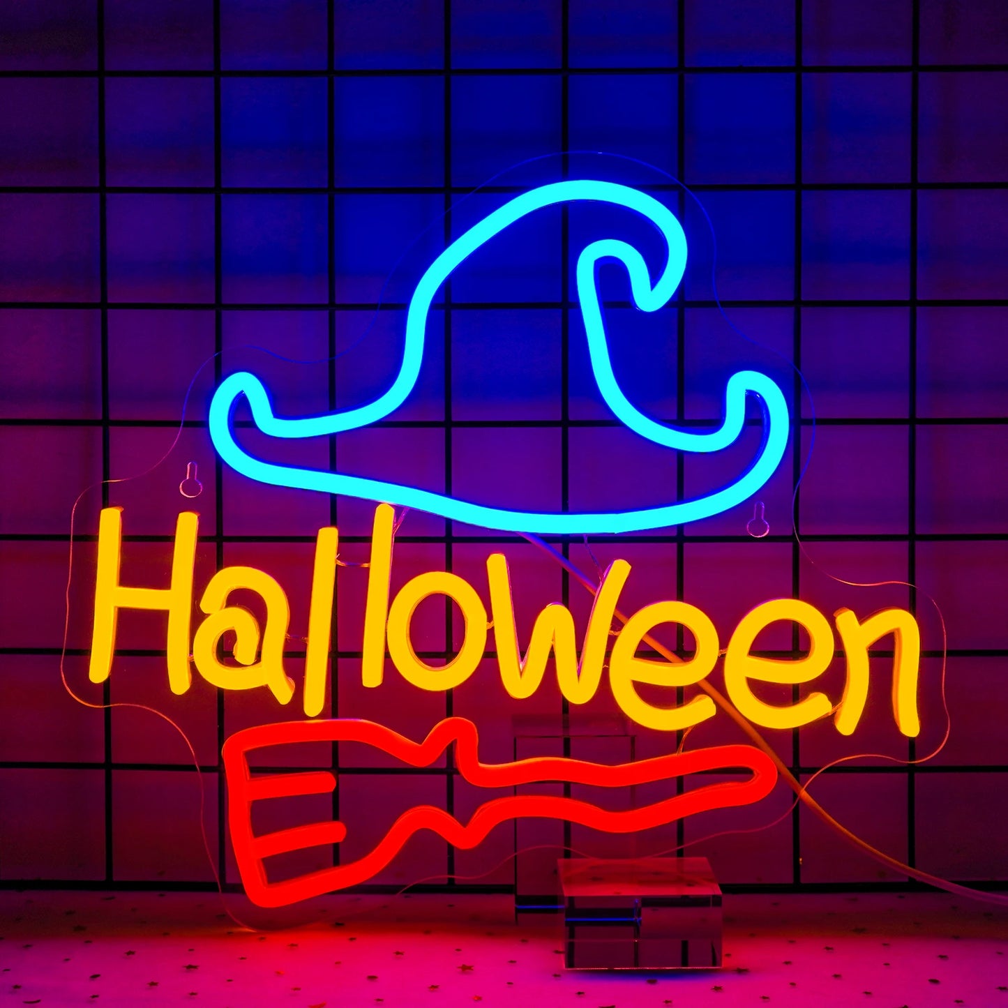 Bilden visar en levande LED-neonskylt designad för Halloween.