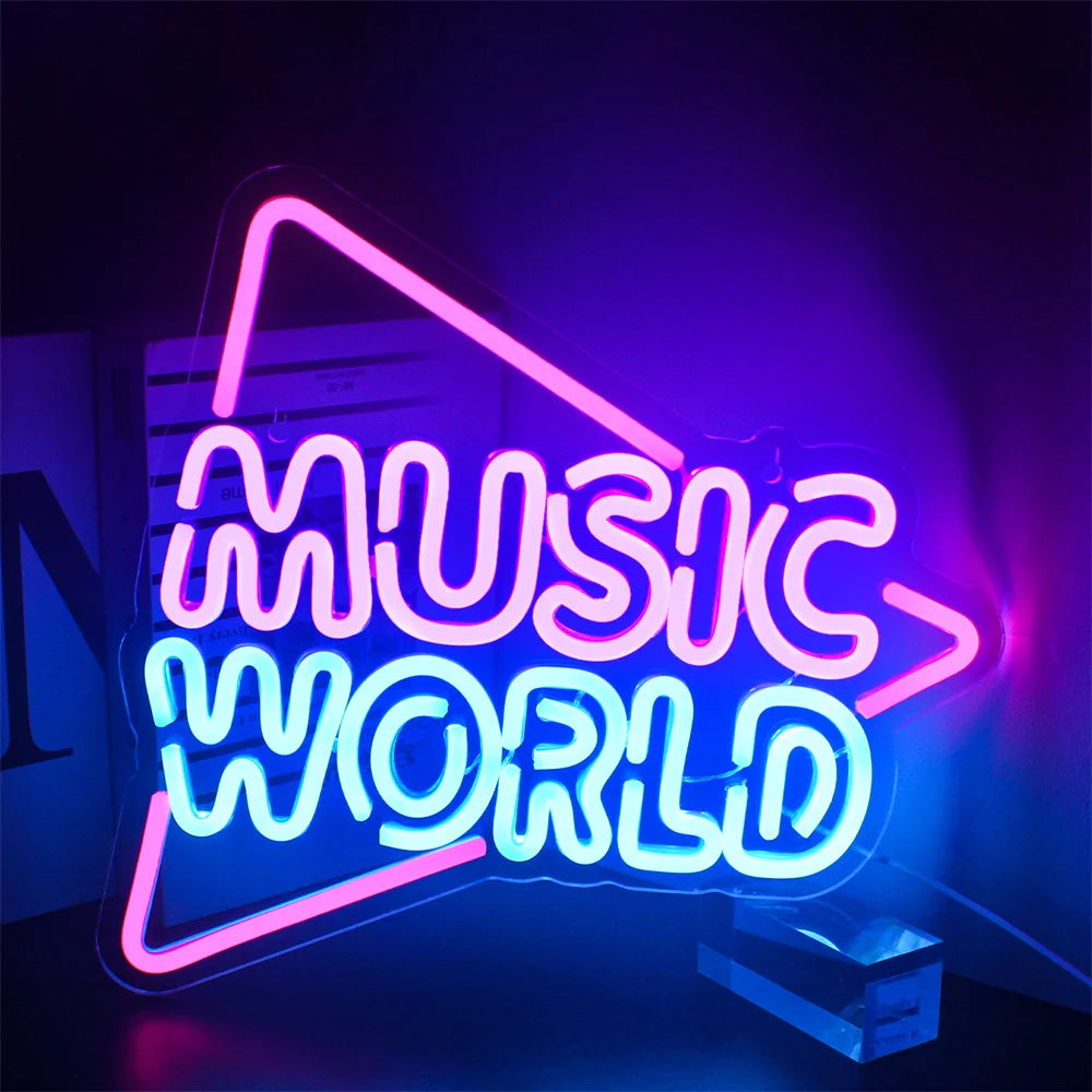 Bilden har en levande, handgjord LED-neonskylt som visar frasen "Music World.