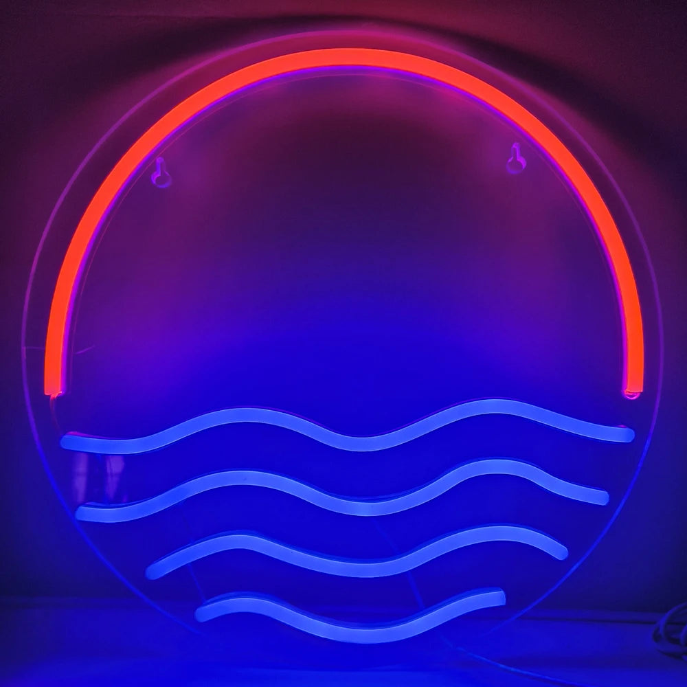 Bilden har en levande och iögonfallande LED-neonskylt som visar en fantastisk solnedgång över havet.