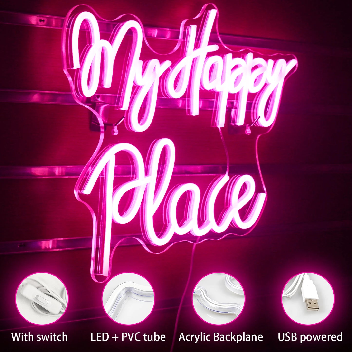 My Happy Place 5V Mini USB LED Neonskylt - Budgetvänlig
