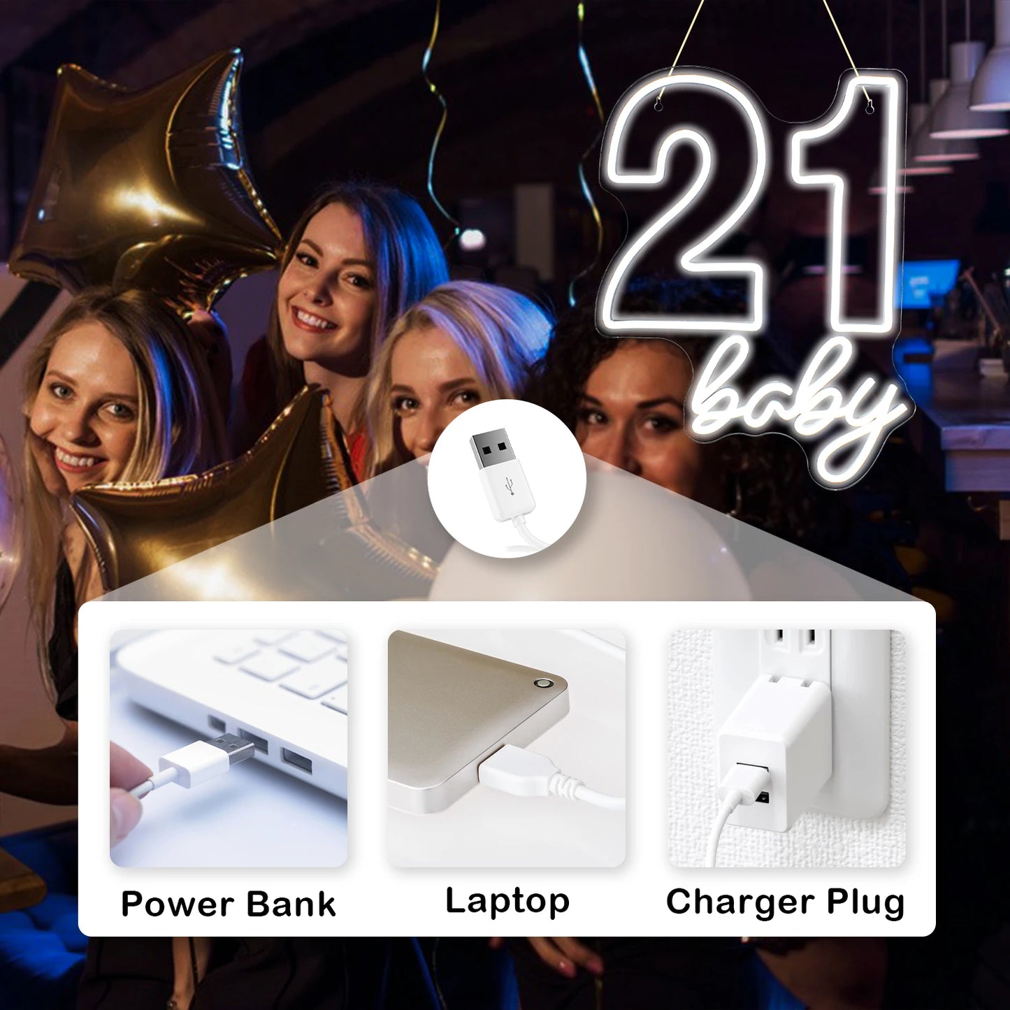 21 Baby Happy Birthday 5V USB LED Neonskylt - Prisvärd