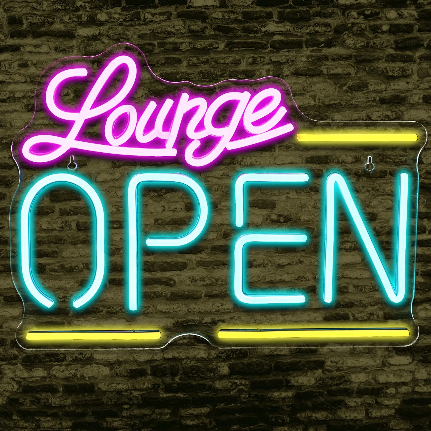 Bilden visar en levande, handgjord LED-neonskylt med texten "Lounge Open.