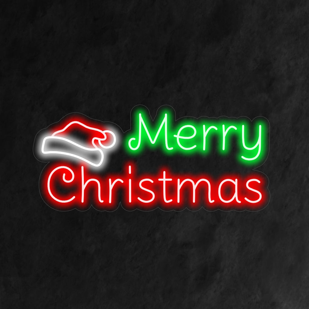 "Santa Claus Hat Merry Christmas Neon Sign" är ett lekfullt och festligt tillskott till din inredning med semestertema. Ett neonljus som har den ikoniska jultomtehatten.