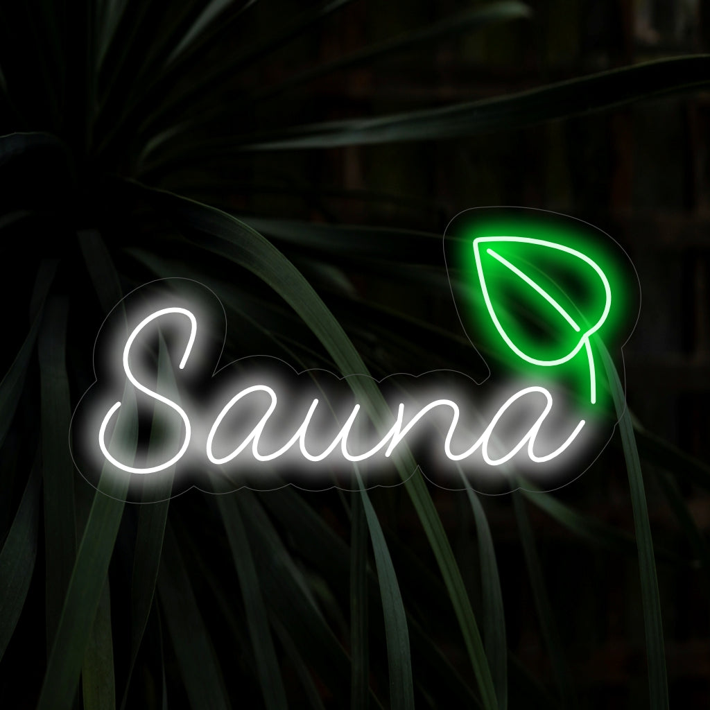 "Sauna and Leaf Neon Sign" utstrålar lugn med sin lugnande design, som ger en inbjudande och naturlig touch till ditt spa- eller wellness-interiör.