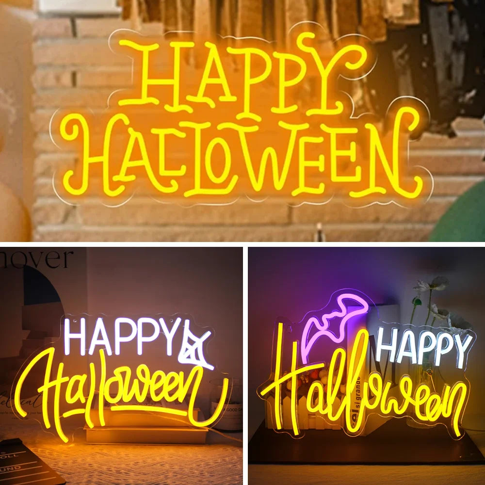 En livlig "Happy Halloween" LED neonskylt lyser mot en mörk bakgrund.