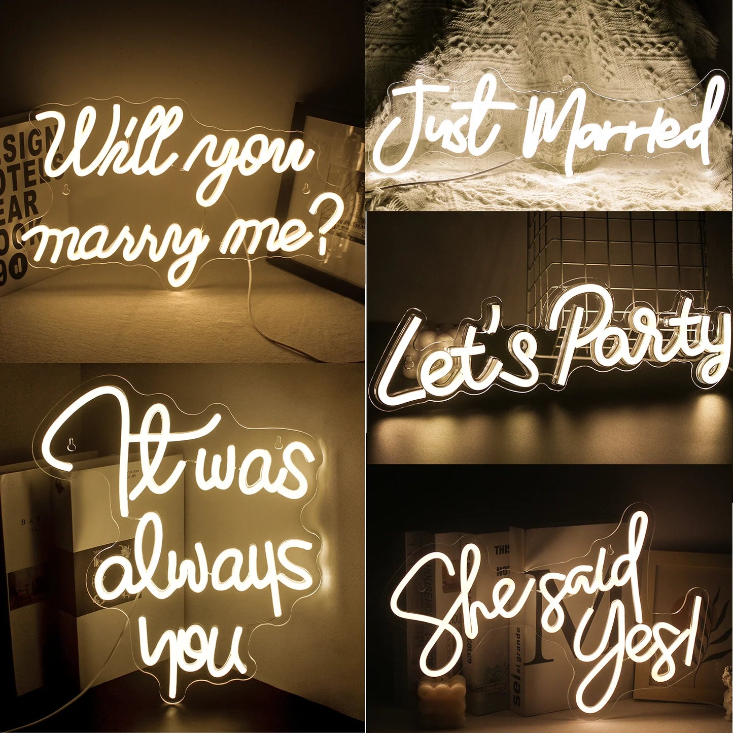 "En elegant LED-neonskylt som visar orden "Will You Marry Me" i elegant, glödande manus.