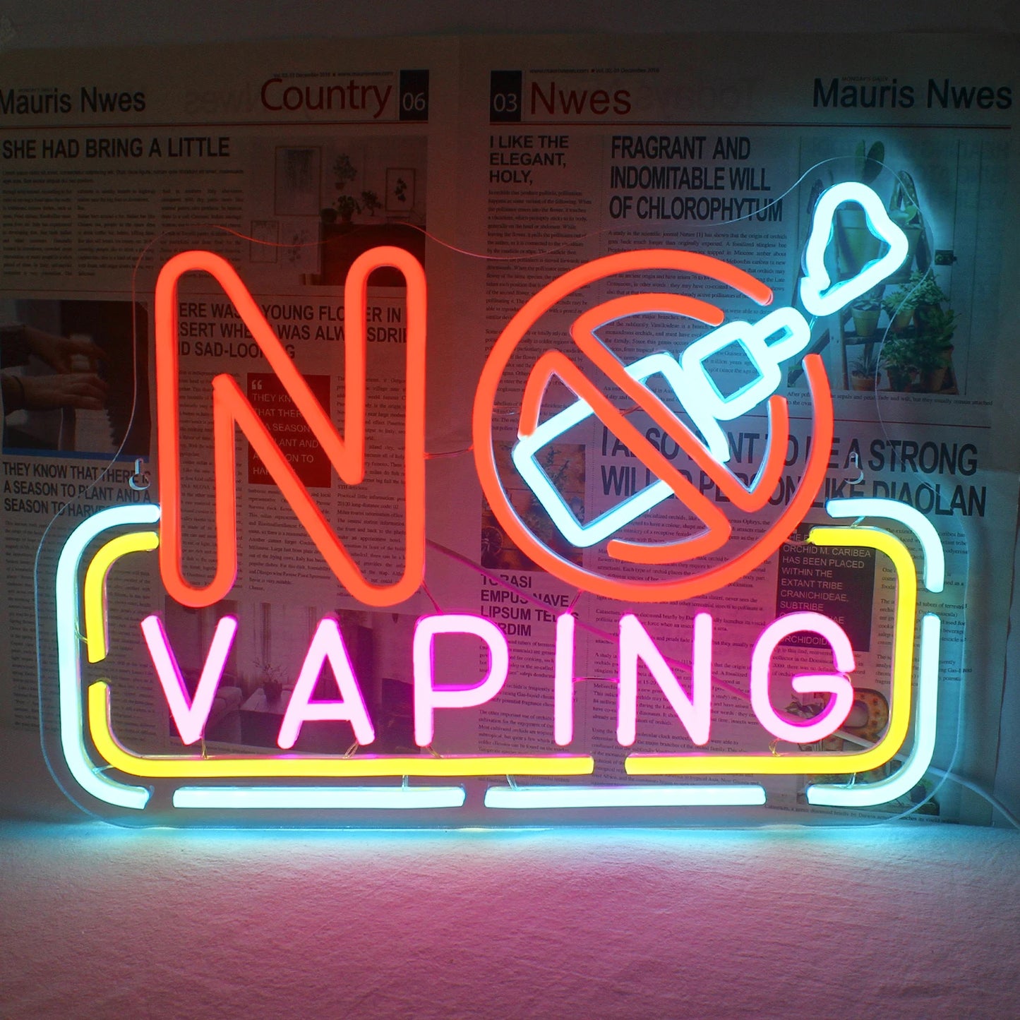 Bilden visar en levande, handgjord LED-neonskylt med texten "No Vaping.