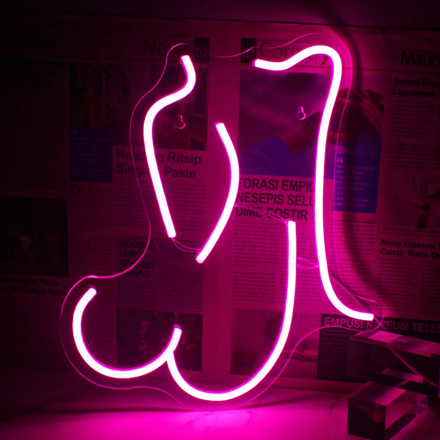 En levande rosa LED-neonskylt formad som en stiliserad kontur av en kvinna i liggande ställning.
