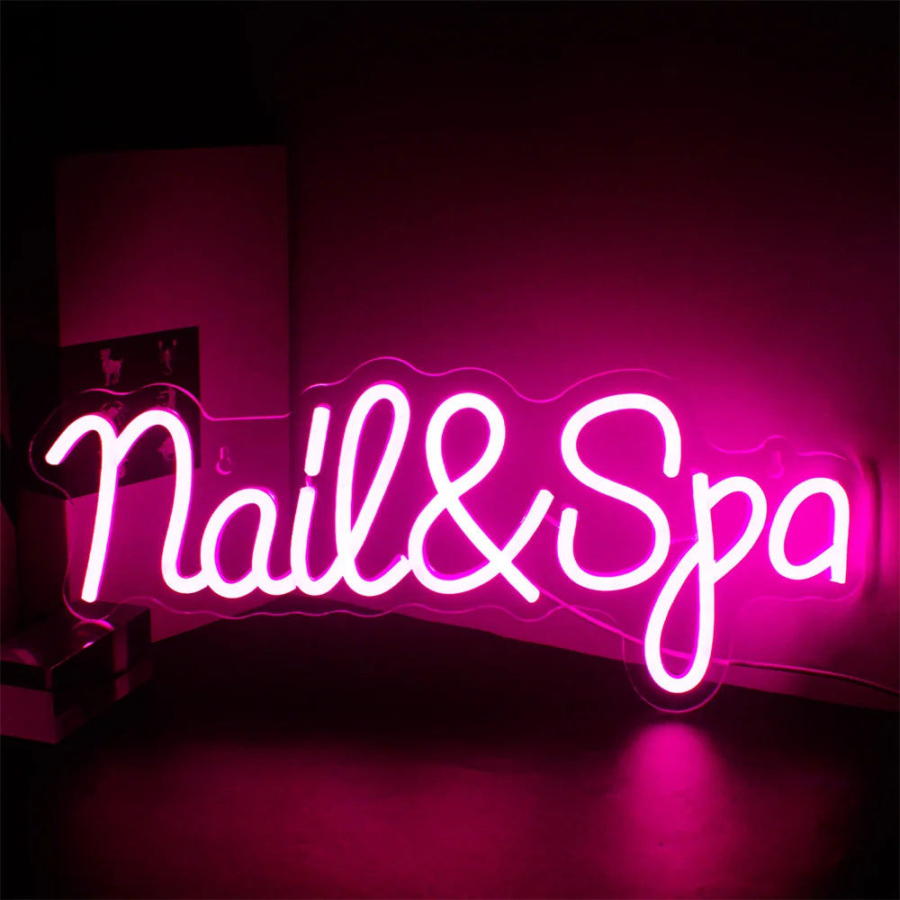 Bilden visar en levande LED-neonskylt designad för ett nagelspa.