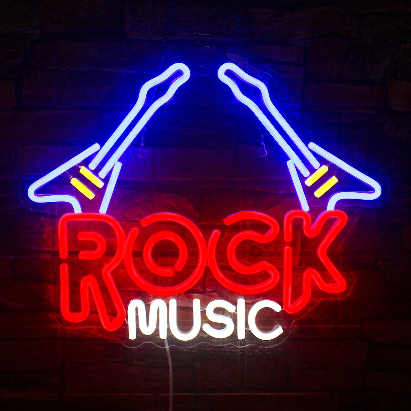 Bilden visar en livfull rockgitarr LED-neonskylt, med en stiliserad elgitarr i klara neonfärger.