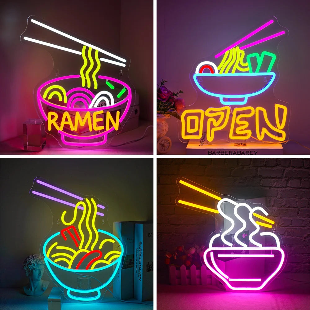 Bilden visar en levande, handgjord LED-neonskylt som visar en stiliserad skål med ramen.