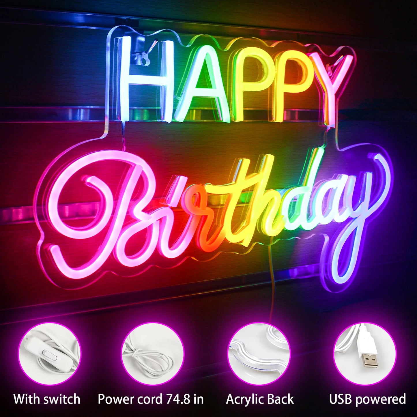 LED Happy Birthday Färg 5V USB LED Ljusskylt - Prisvärd