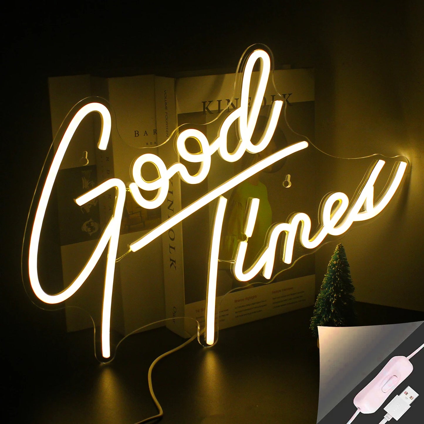 Bilden har en levande "Good Times" LED neonskylt, handgjord med precision.