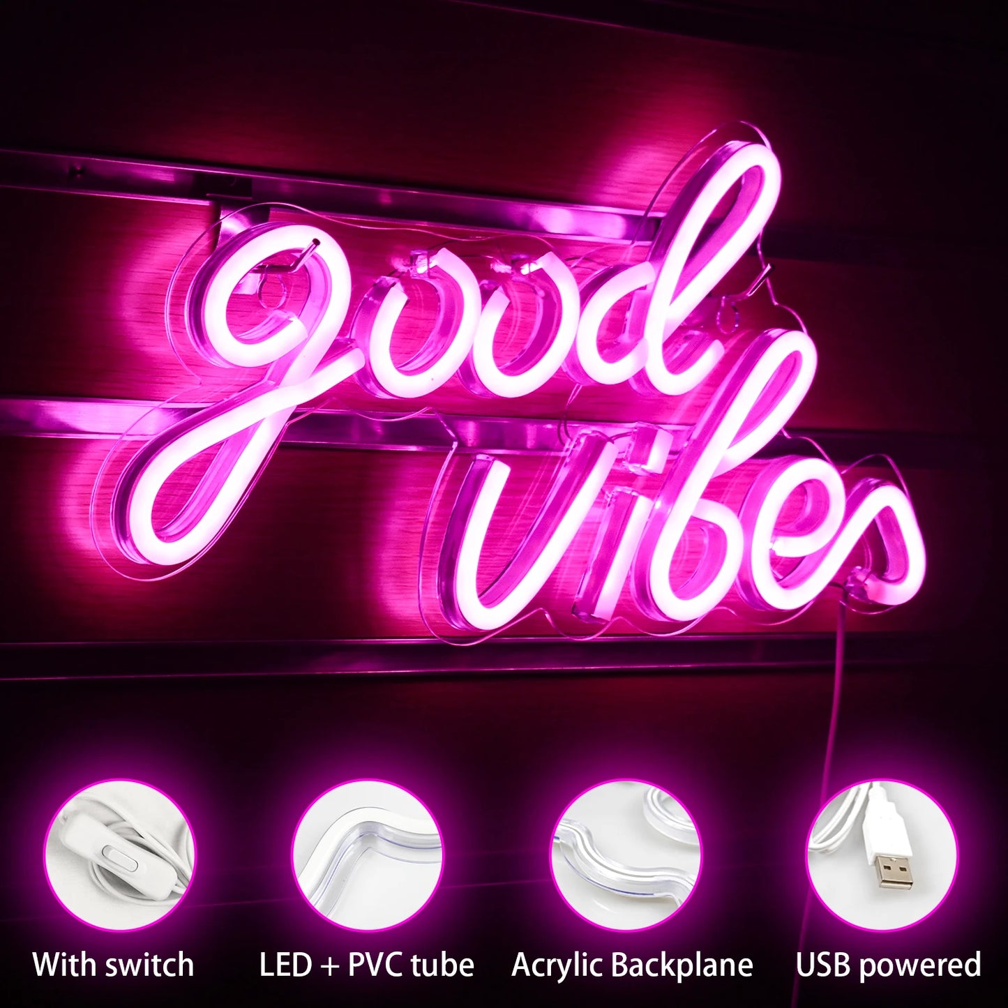 Good Vibes 5V USB LED Ljusskylt - Prisvärd
