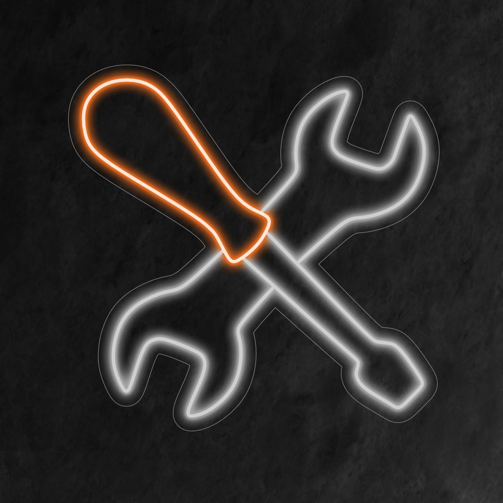 "Service Tool Neon Sign" lyser upp din arbetsyta med en dynamisk visning av viktiga verktyg, som förkroppsligar hantverk och precision.