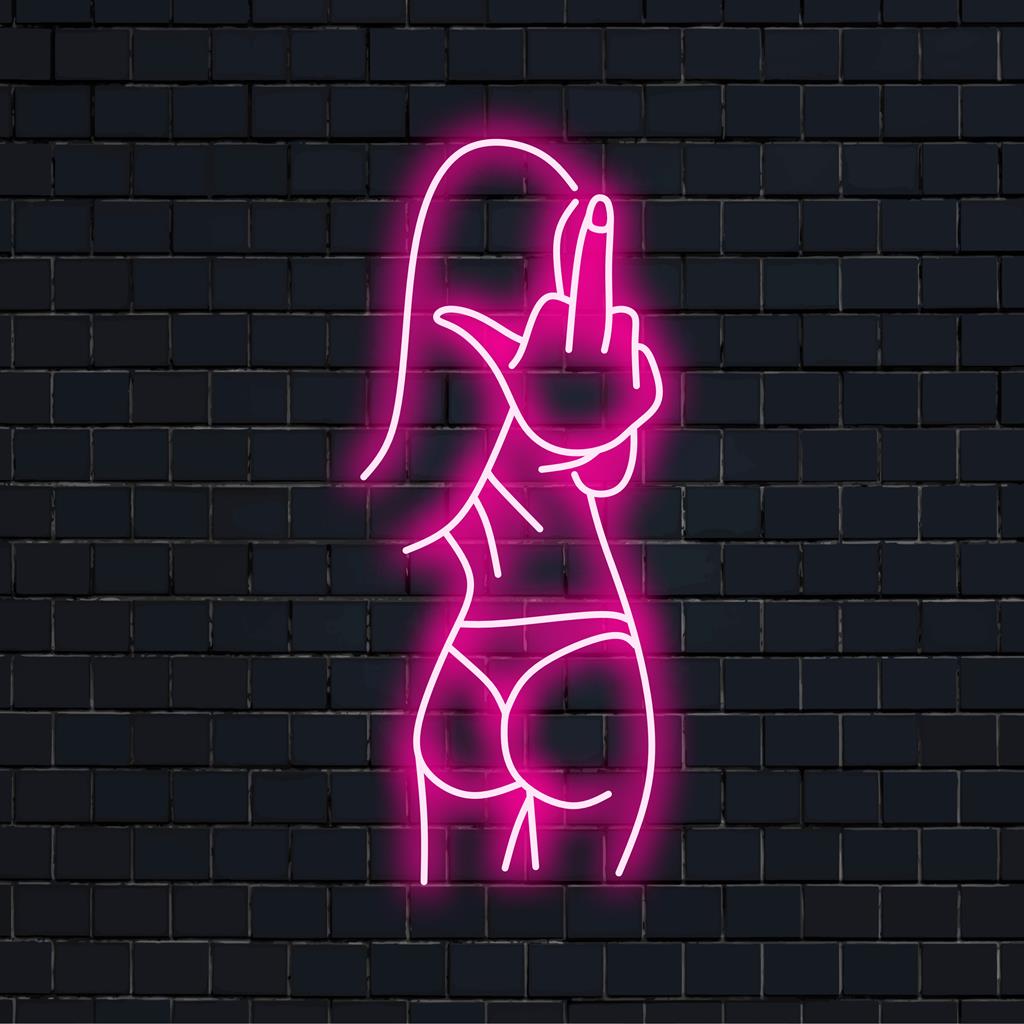 Skräddarsydd Sexy Bad Girl LED neonskylt med ett djärvt långfinger, perfekt för edgy neonljusinredning.