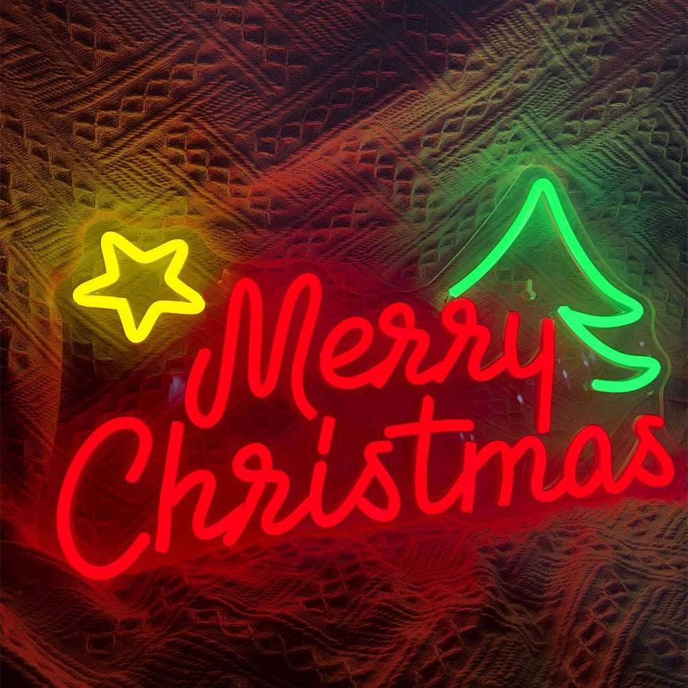 Bilden har en levande "Merry Christmas" LED neonskylt.