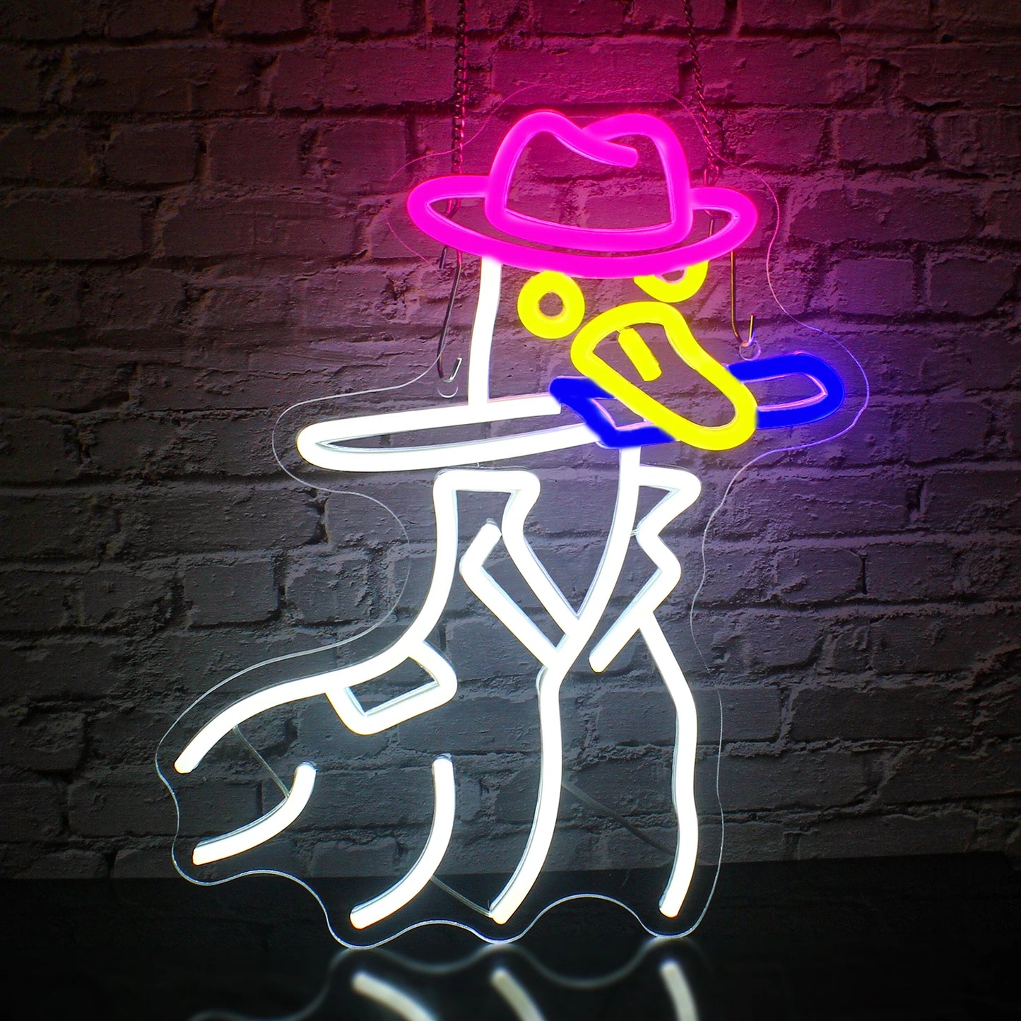 Bilden har en levande LED-neonskylt i form av en cowboyanka.