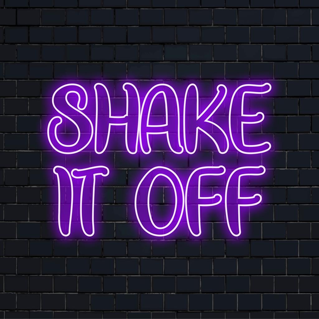 Skräddarsydd Shake It Of LED neonskylt som blandar unika designelement och levande neonljuskonst för trendig inredning.