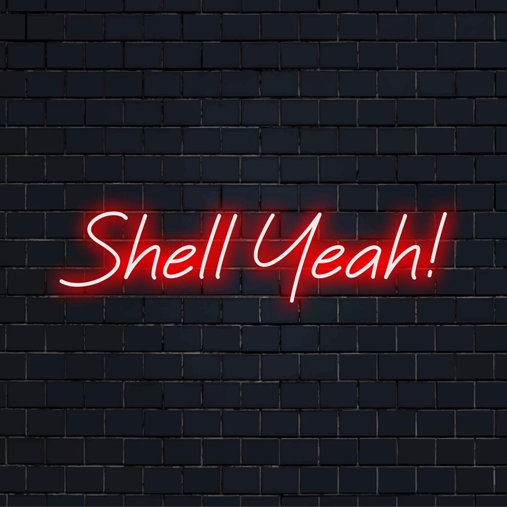 Livfulla "Shell Yeah!" LED neonskylt avger ett lekfullt sken, perfekt för att belysa utrymmen med anpassade neonkonstvibbar.