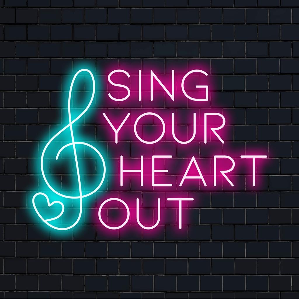 Anpassad LED-neonskylt med Sing Your Heart Out-text, levande neonkonst för personligt uttryck och inredning.