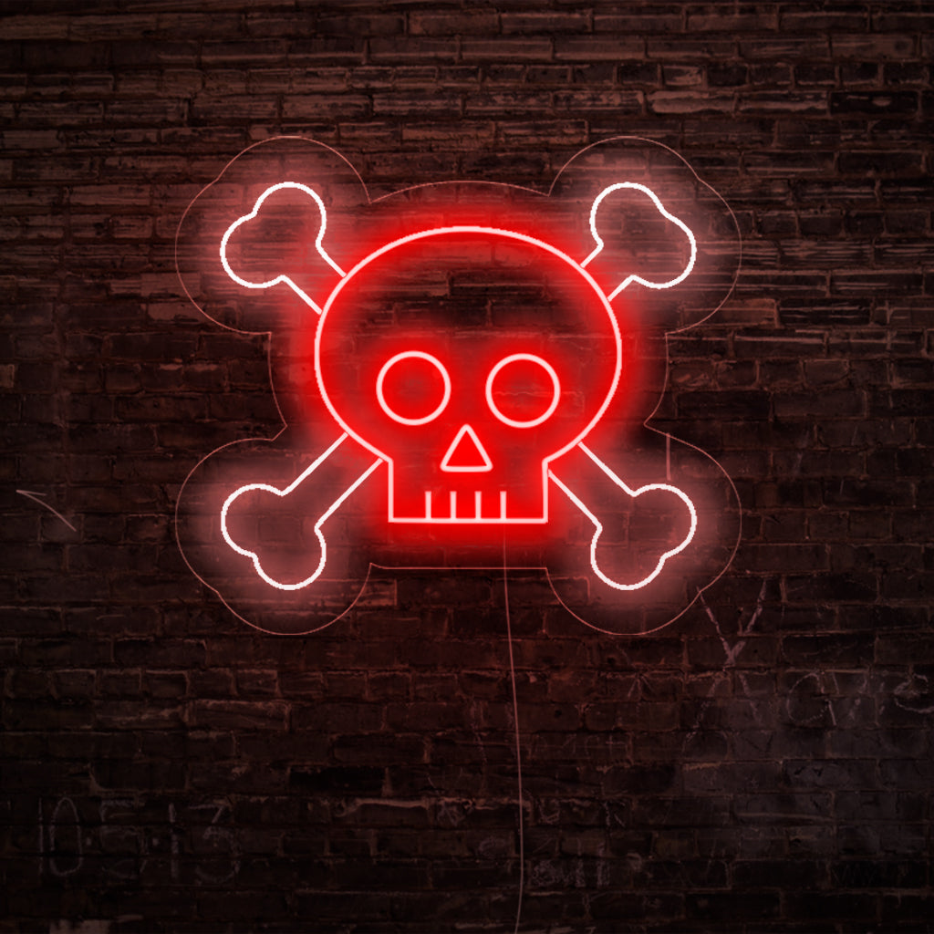 "Skull and Bones Neon Sign" ger en djärv och edgy touch med sina ikoniska bilder, som ger en kraftfull glöd för en rebellisk och dramatisk atmosfär i ditt utrymme.