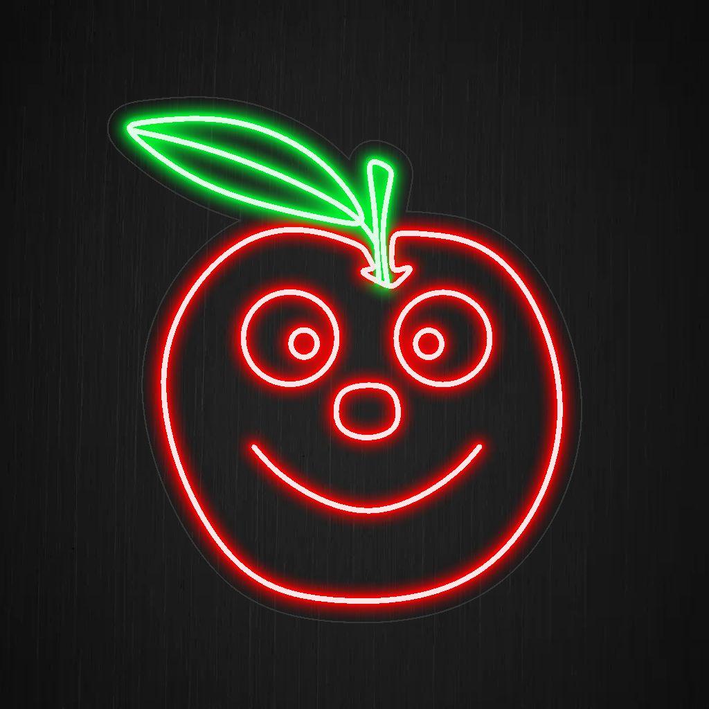 En upplyst neonskylt med ett leende äpple som utstrålar lycka och ger en touch av fruktig njutning till alla utrymmen