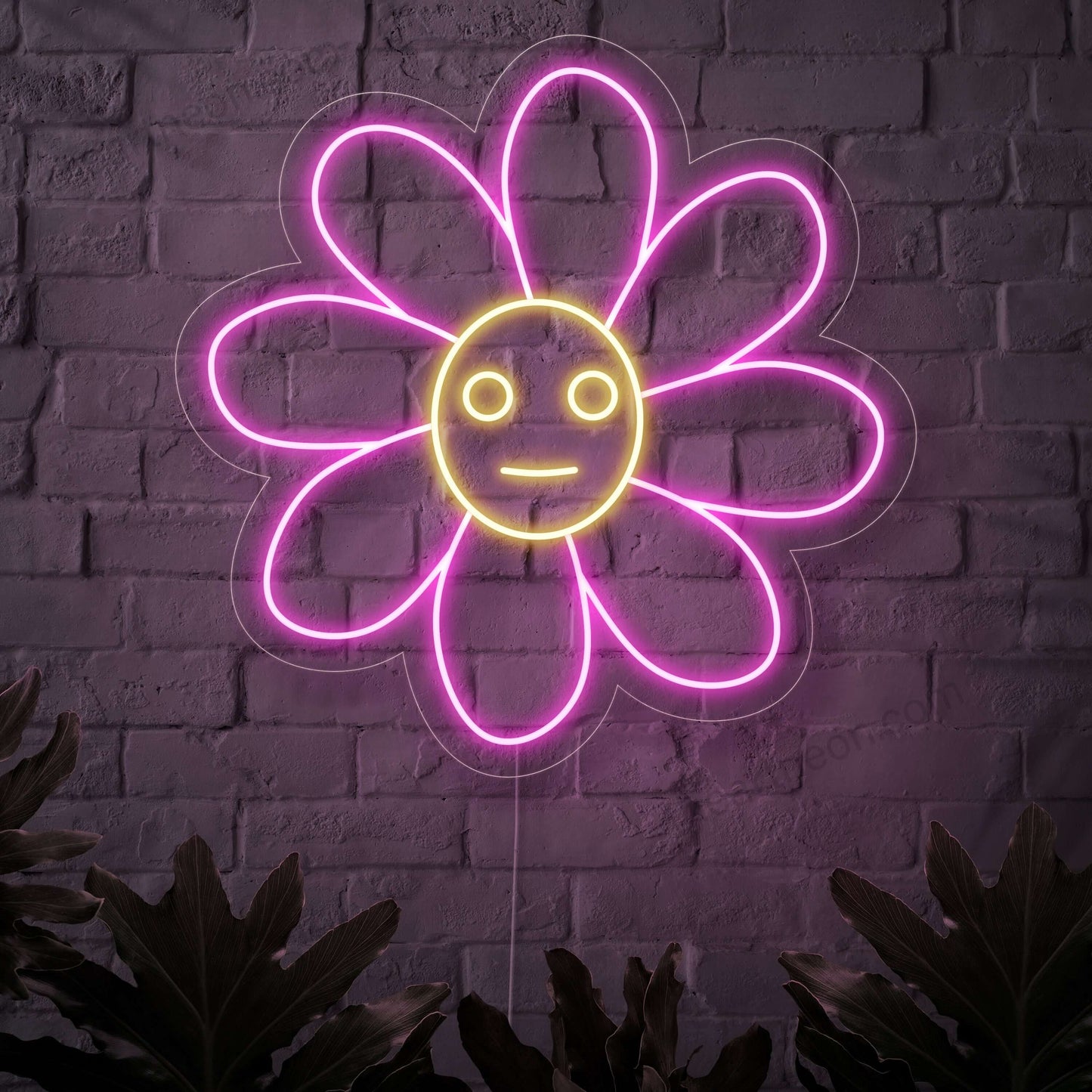 En upplyst neonskylt med en glad leende blomma, som ger en touch av natur och blommig charm till alla utrymmen