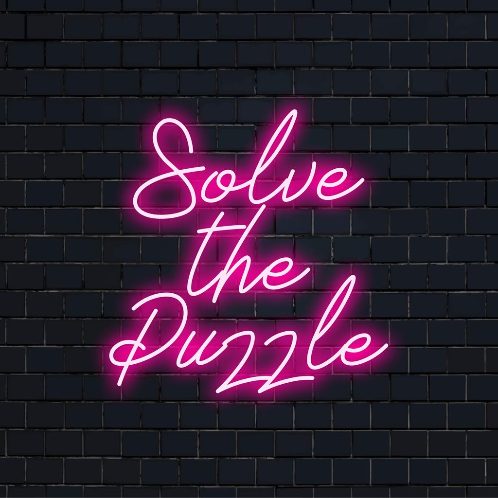 Skräddarsydd LED-neonskylt med Solve The Puzzle-text i livfulla färger, perfekt för unik neonväggkonst och dekor.