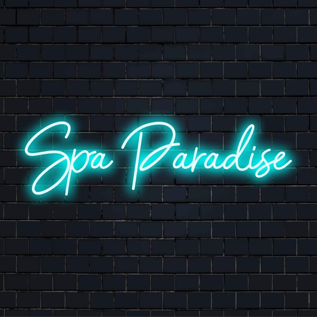 Livlig skräddarsydd LED-neonskylt med namnet Spa Paradise, perfekt för att förstärka avkopplande utrymmen med en lugnande neon-aura.