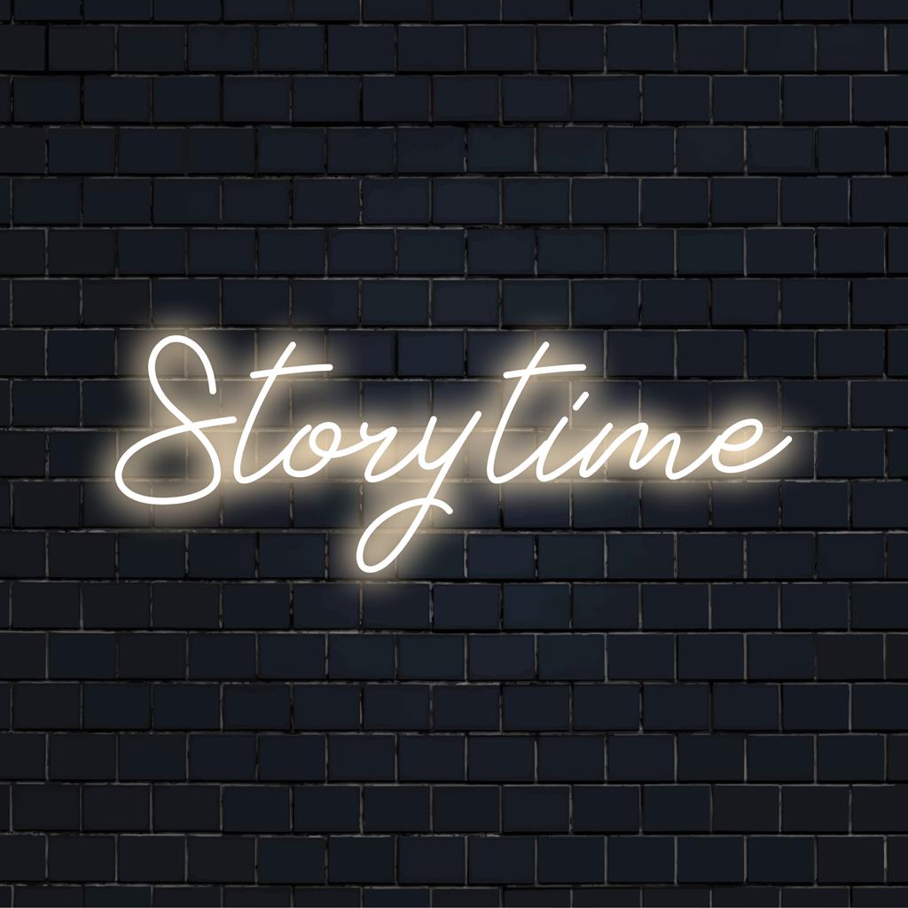 Livlig anpassad LED-neonskylt med titeln Story Time, perfekt för att lägga till en personlig glöd till vilket utrymme som helst.