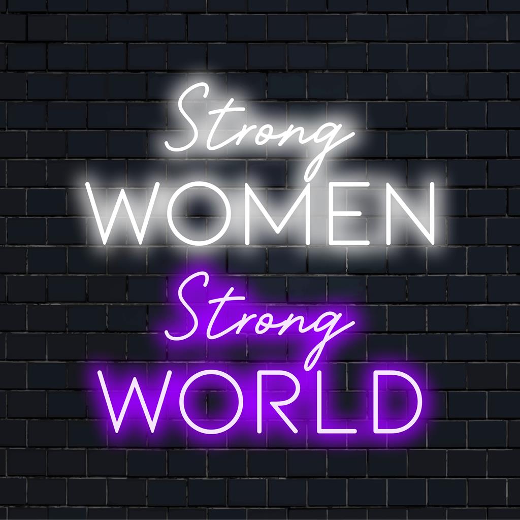 Anpassad LED-neonskylt med djärv typografi som visar upp frasen: Strong Women Strong World. Perfekt väggdekor i neon.