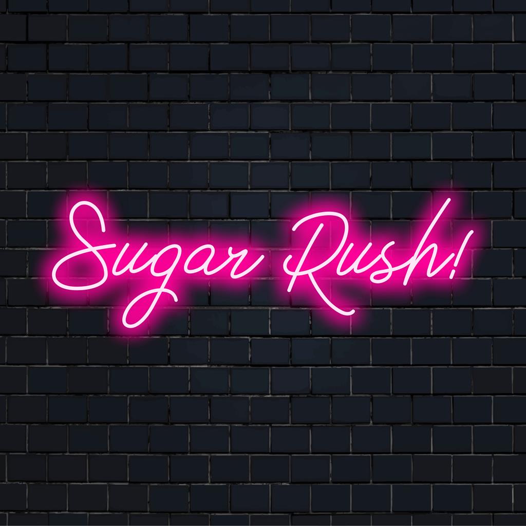 Handgjord LED neonskylt med livfulla Sugar Rush! text, perfekt för anpassad neonljusinredning och personlig stil.