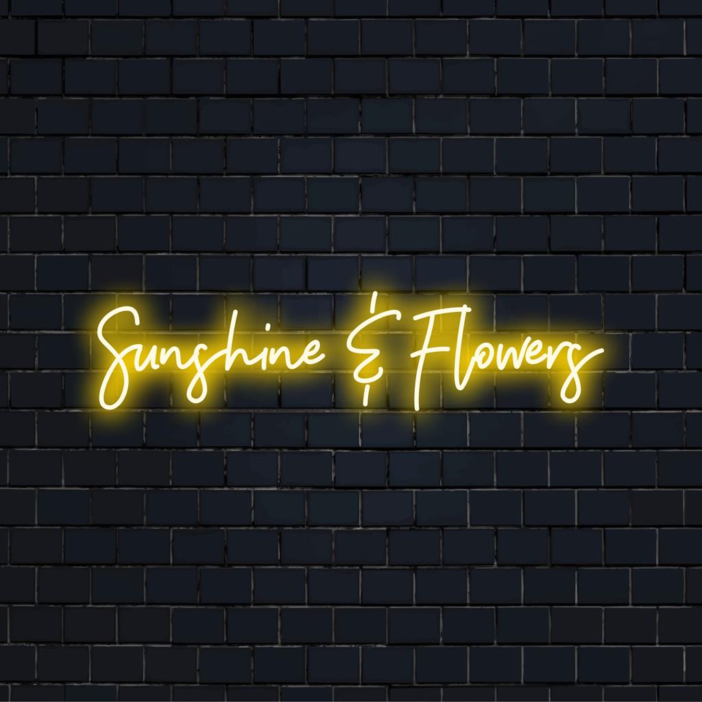 Anpassad LED-neonskylt med texten Sunshine And Flowers, perfekt för att lägga till livfull, varm ljusinredning till alla utrymmen.
