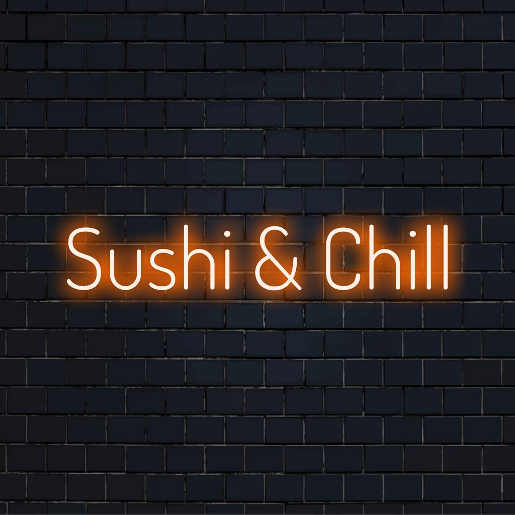 Skräddarsydd LED-neonskylt som visar Sushi och Chill, perfekt för unik neonheminredning eller elegant omgivande belysning.