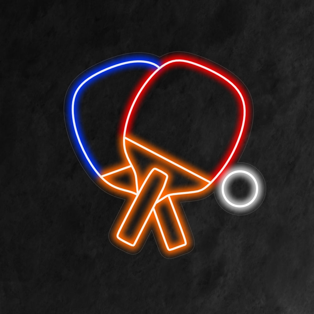 "Bordtennisracketar och boll neonskylt" är ett livligt och dynamiskt tillskott till din inredning med sporttema. Ett neonljus som fångar andan av bordtennis.