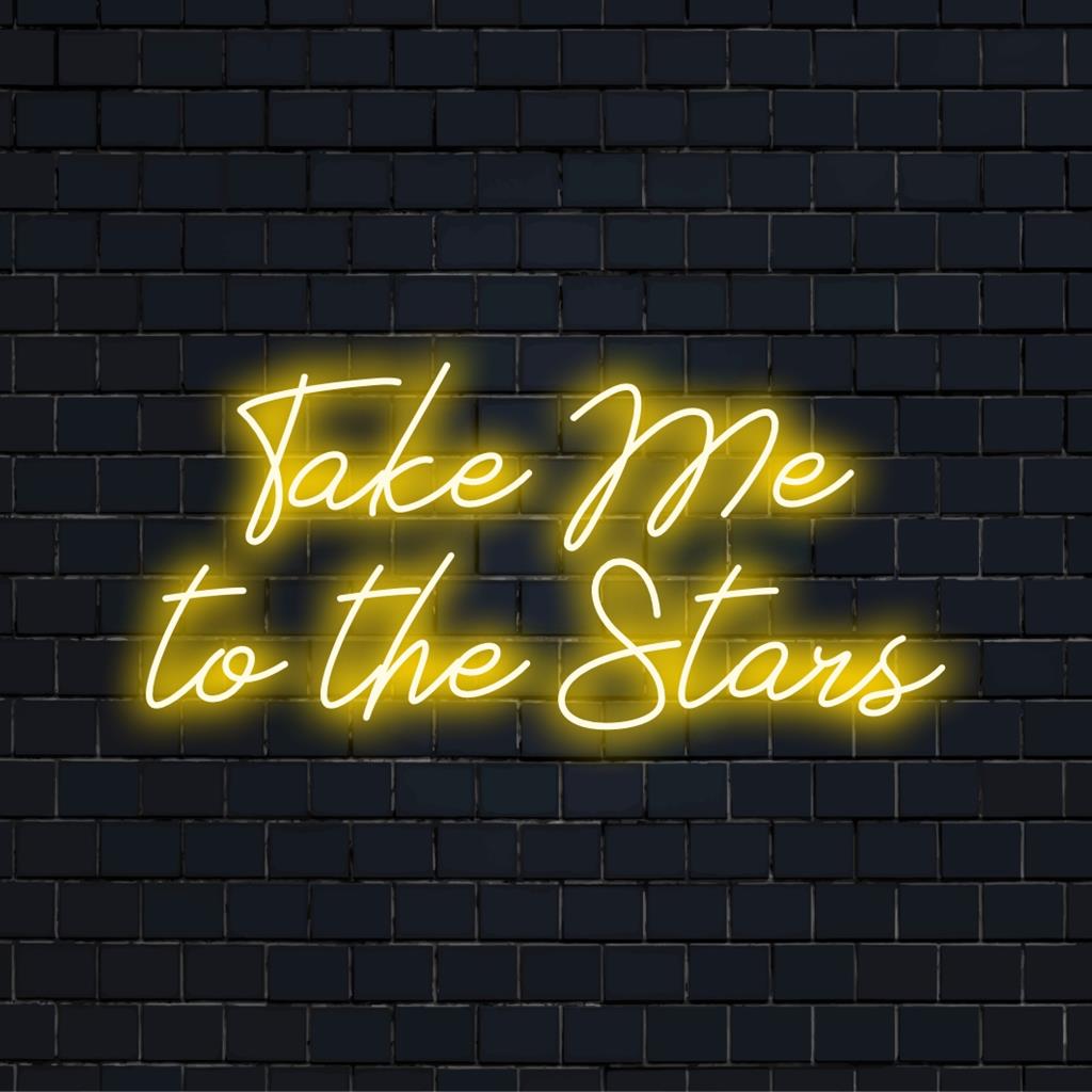 Anpassad LED-neonskylt som visar Take Me To The Stars, perfekt neonväggkonst och ljusdekor för personlig atmosfär.