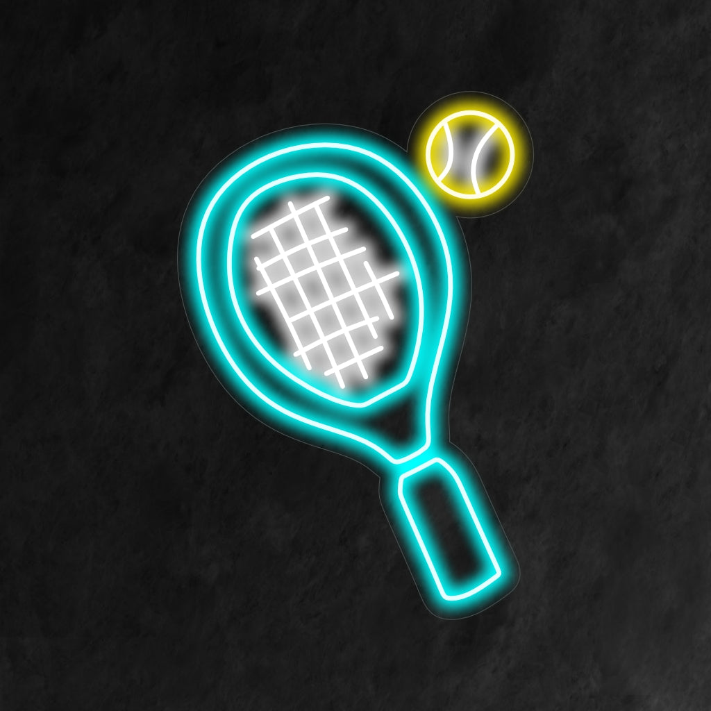 "Tennisracket och boll neonskylt" ger en sportig atmosfär med sin dynamiska design, som ger en energisk glöd som fångar spänningen och det roliga i spelet i ditt utrymme.