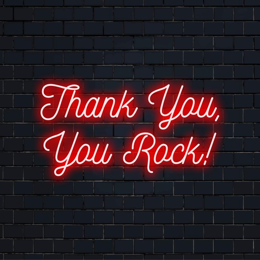 Anpassad neonskylt med "Thank You, You Rock!" i livfulla LED-lampor, perfekt för personlig inredning och unik väggkonst.