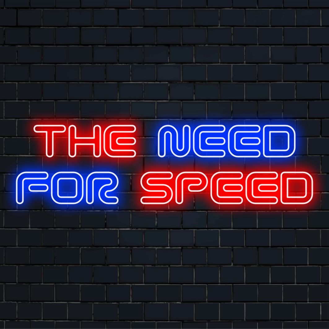Anpassad LED neonskylt som liknar The Need For Speed-logotyp; idealisk dynamisk neonväggkonst för fordonsentusiaster.