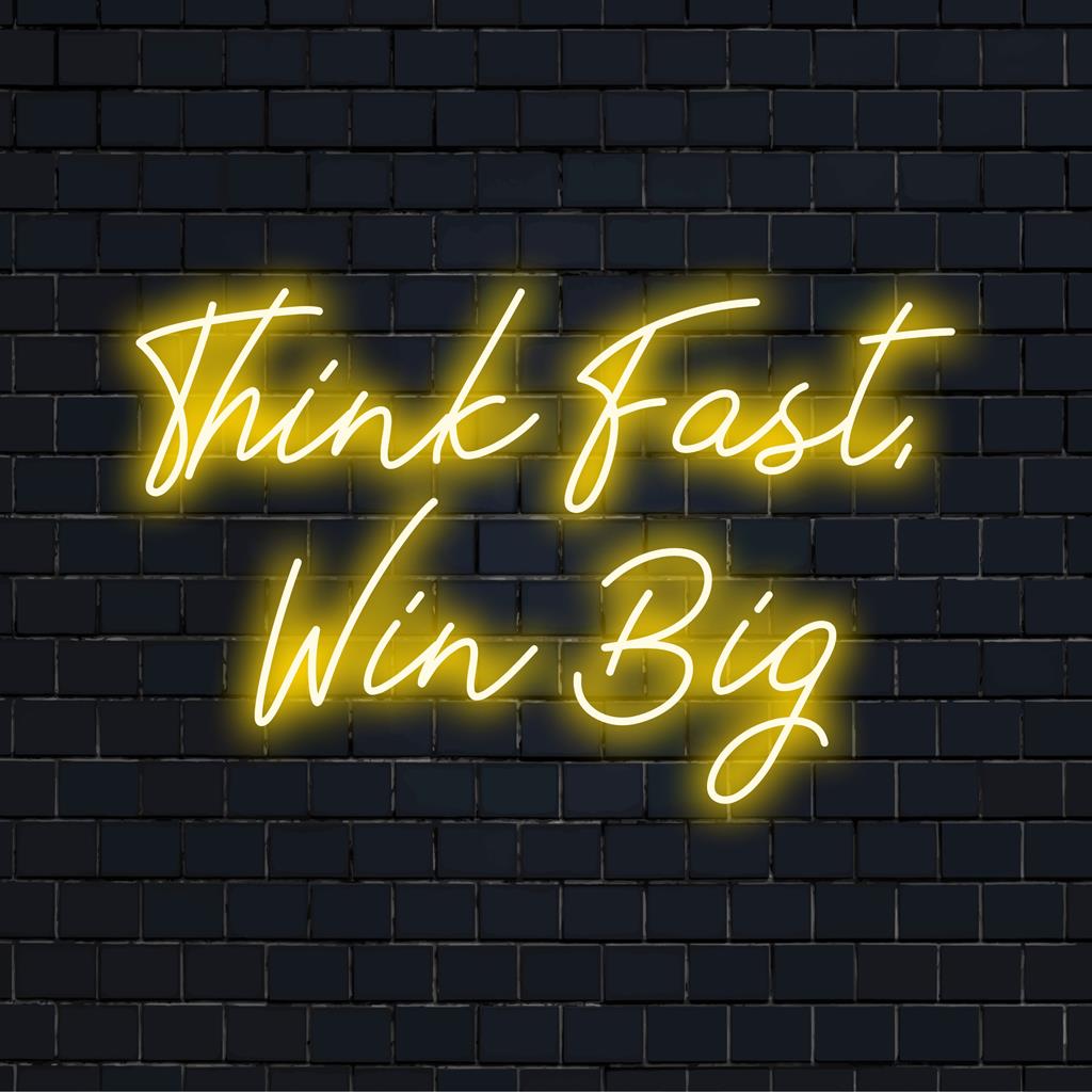 Anpassningsbar LED-neonskylt med Think Fast Win Big, perfekt för elegant, motiverande inredning i alla utrymmen.