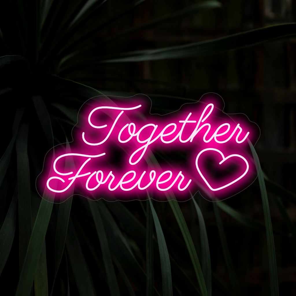 "Together Forever Neon Sign" fångar romantik med sitt tidlösa budskap, som ger ett mjukt sken som symboliserar det eviga bandet som delas av två hjärtan i ditt utrymme.