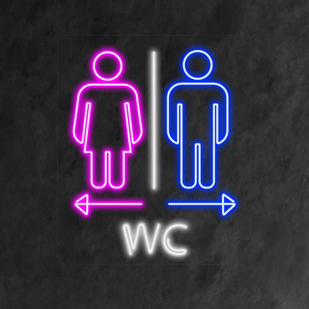 "Toalett Wc Toalett Män och Kvinna Neonskylt" har ljusa, universella symboler för enkel identifiering av toaletten.